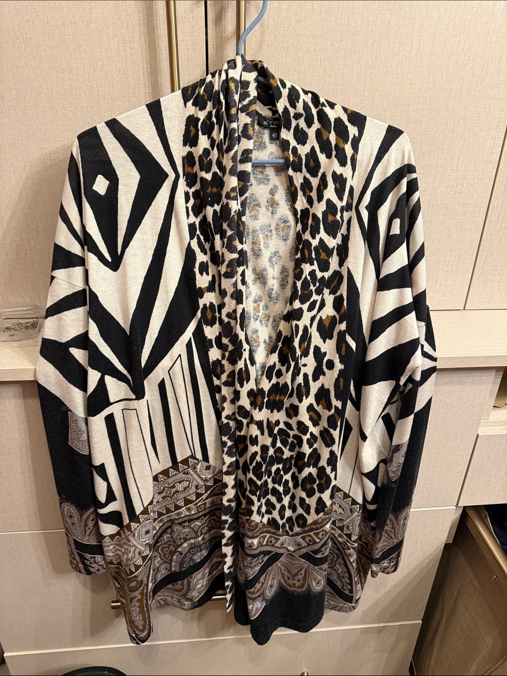 Mixed-Print Open Cardigan in Black, Cream & Brown